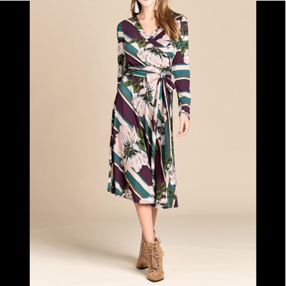 Purple floral striped print faux wrap dress